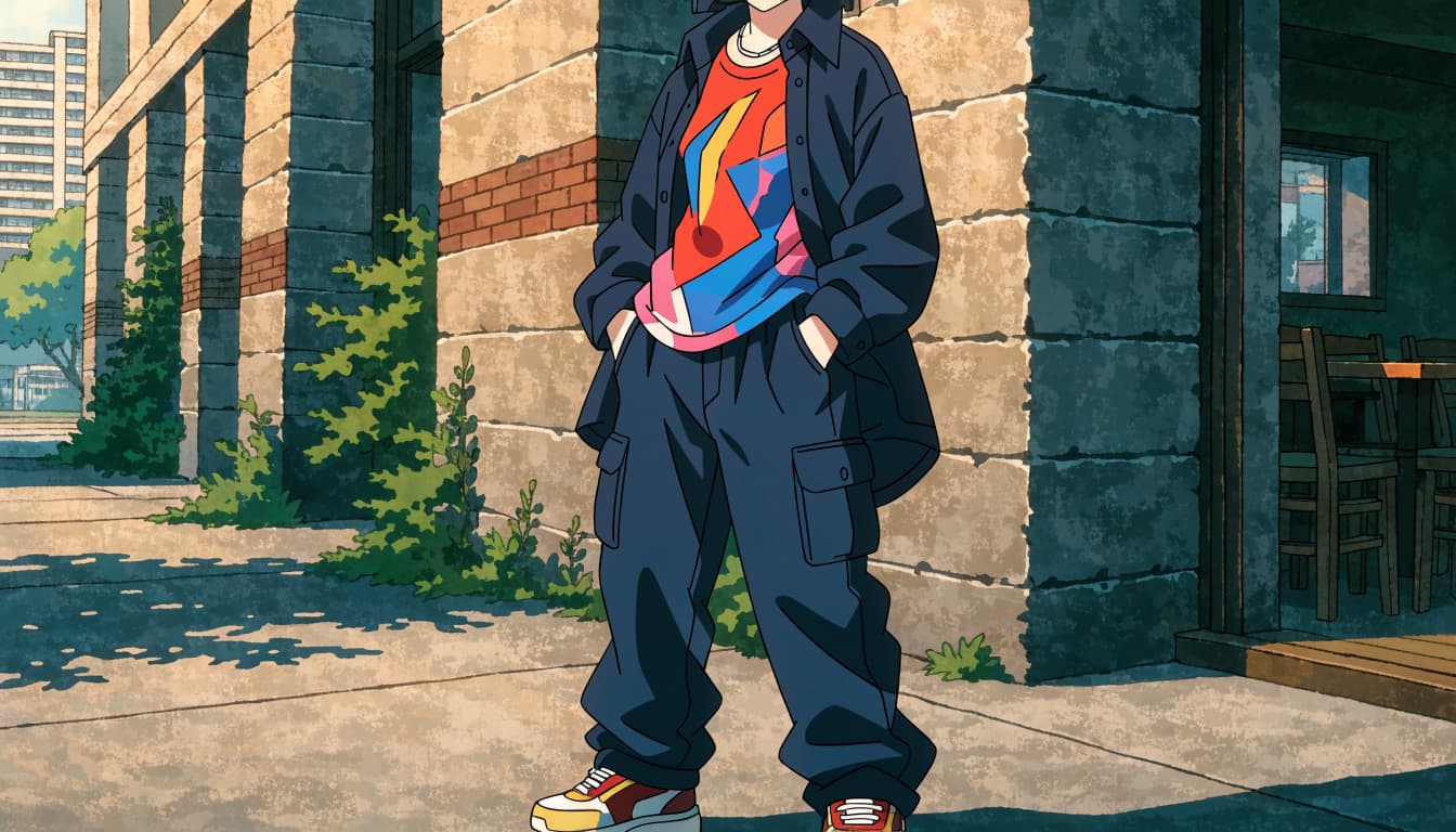 An anime-style woman in a graphic tee and layered streetwear stands beside a cafe wall.