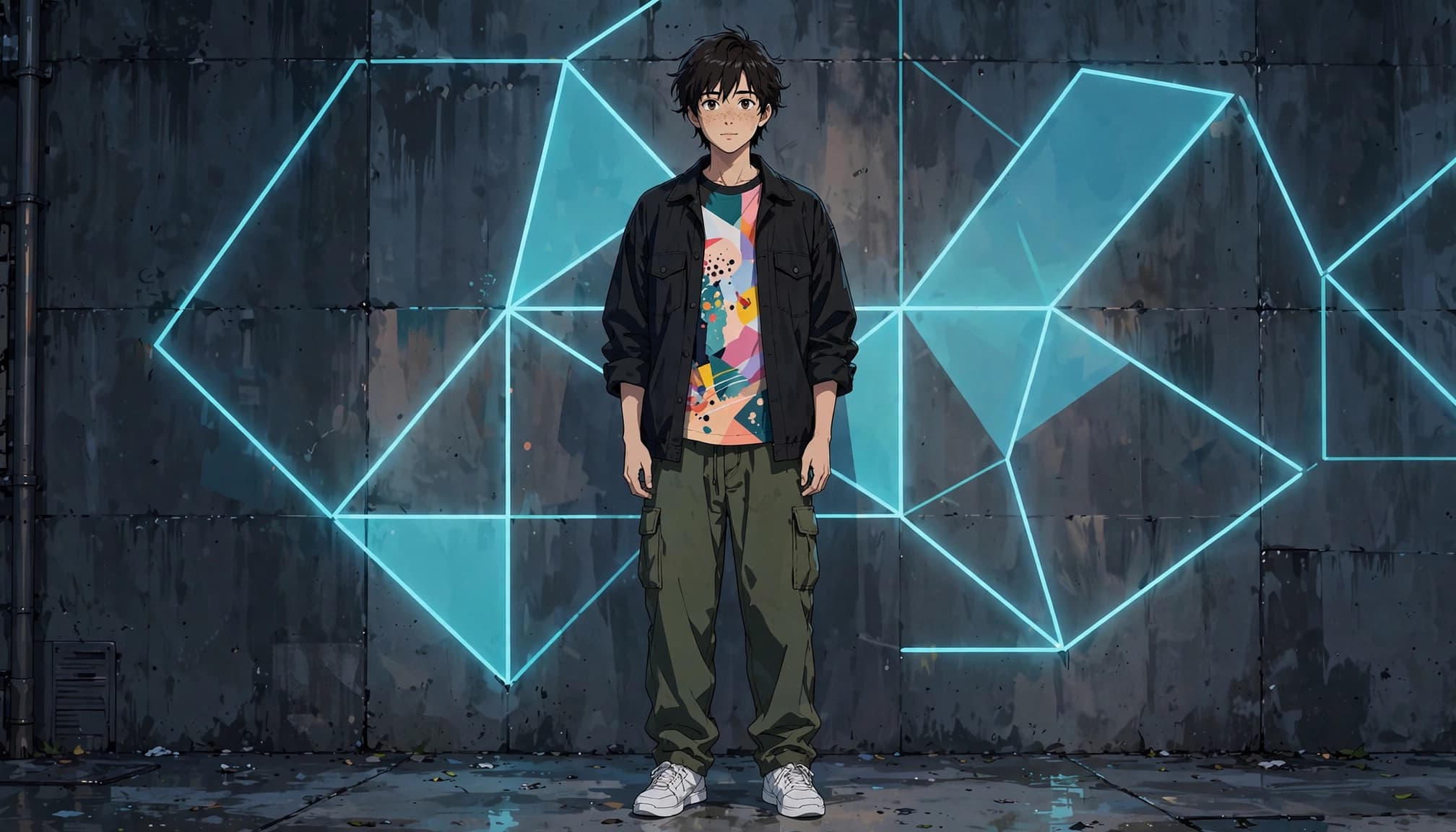 A young adult in a graphic tee, dark overshirt, and cargo pants against a concrete wall.