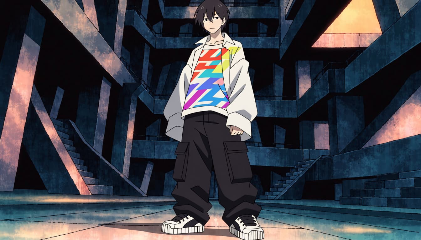 A young adult in a graphic tee and black cargos stands in a softly lit concrete passage.