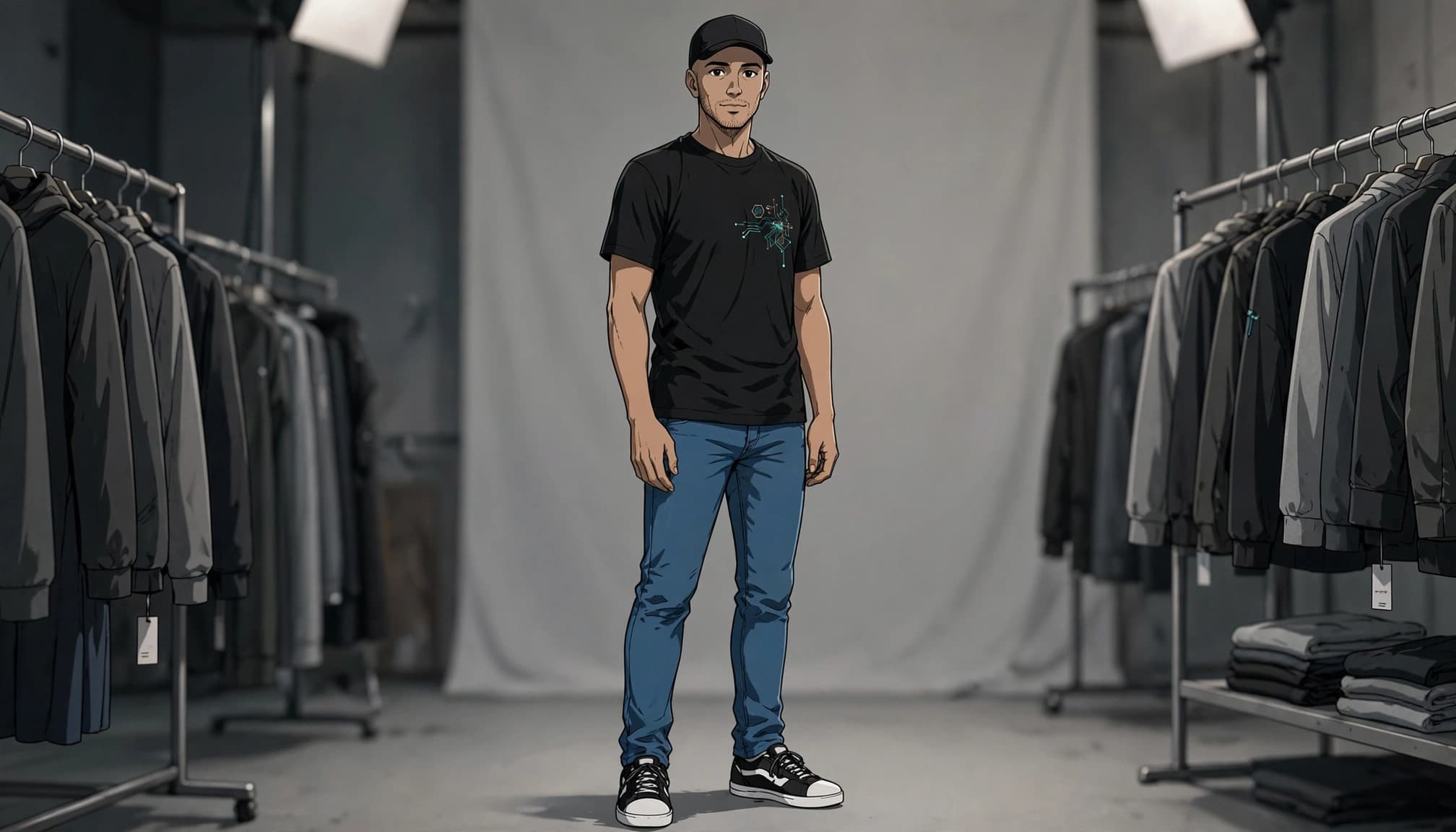 An anime-style illustration of a man standing in a clothing studio between racks of apparel.