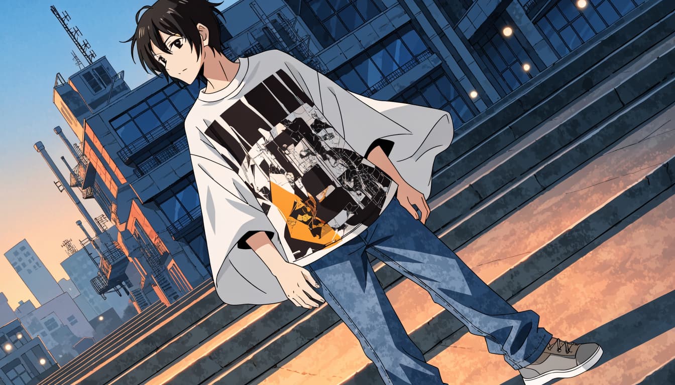 A young adult in layered streetwear stands on outdoor city steps.