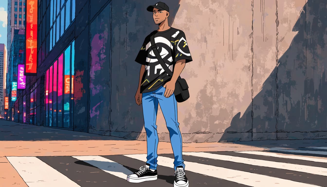 An anime-style portrait of a man in streetwear standing on a crosswalk.