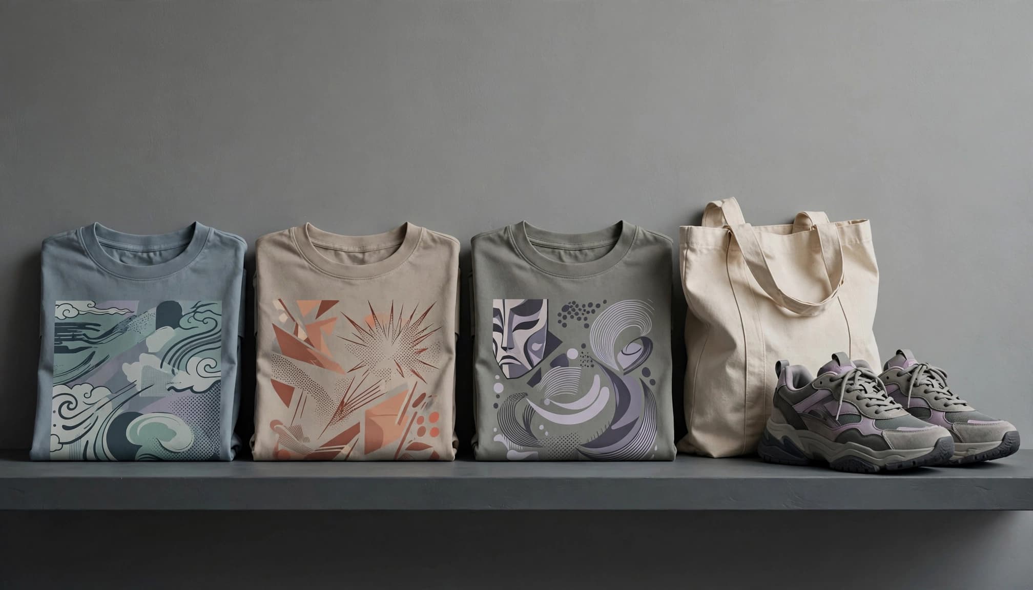 Three illustrated tees, a tote, and sneakers arranged on a display shelf.