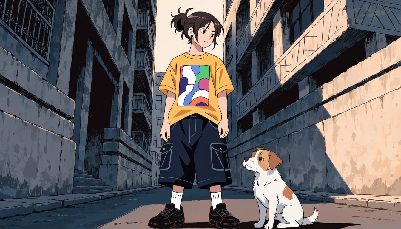 A casually dressed young adult stands beside a small dog on a city street.