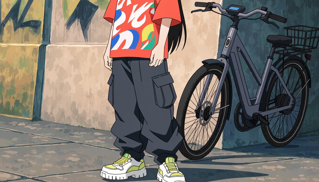 A person in casual streetwear stands beside an e-bike near a concrete wall.