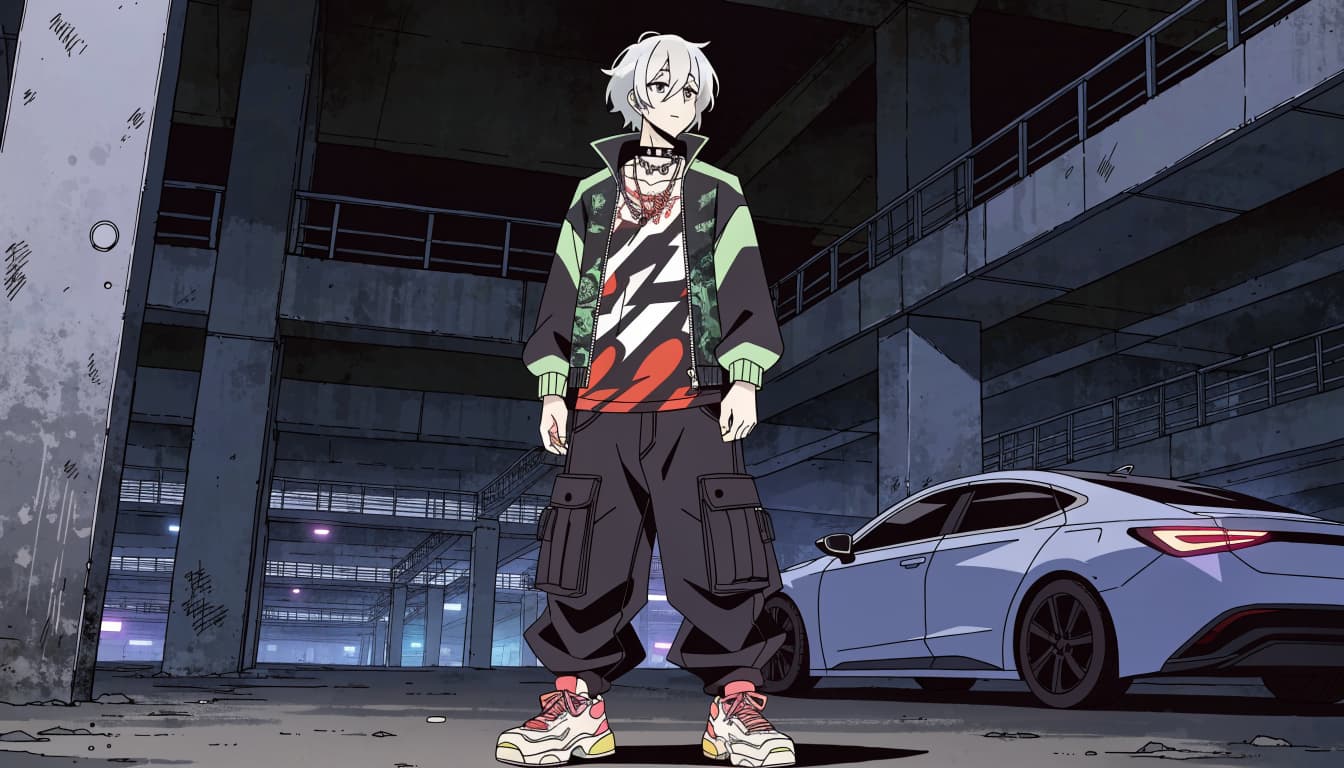 A young adult in a graphic T-shirt and dark cargos stands beside an electric sedan.