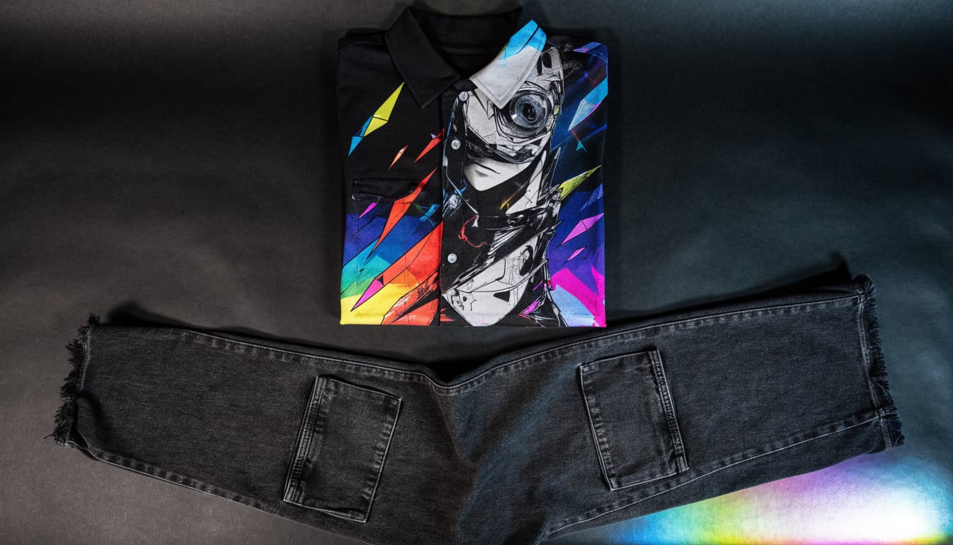 A graphic anime tee arranged with dark cargo pants and denim on a charcoal floor.