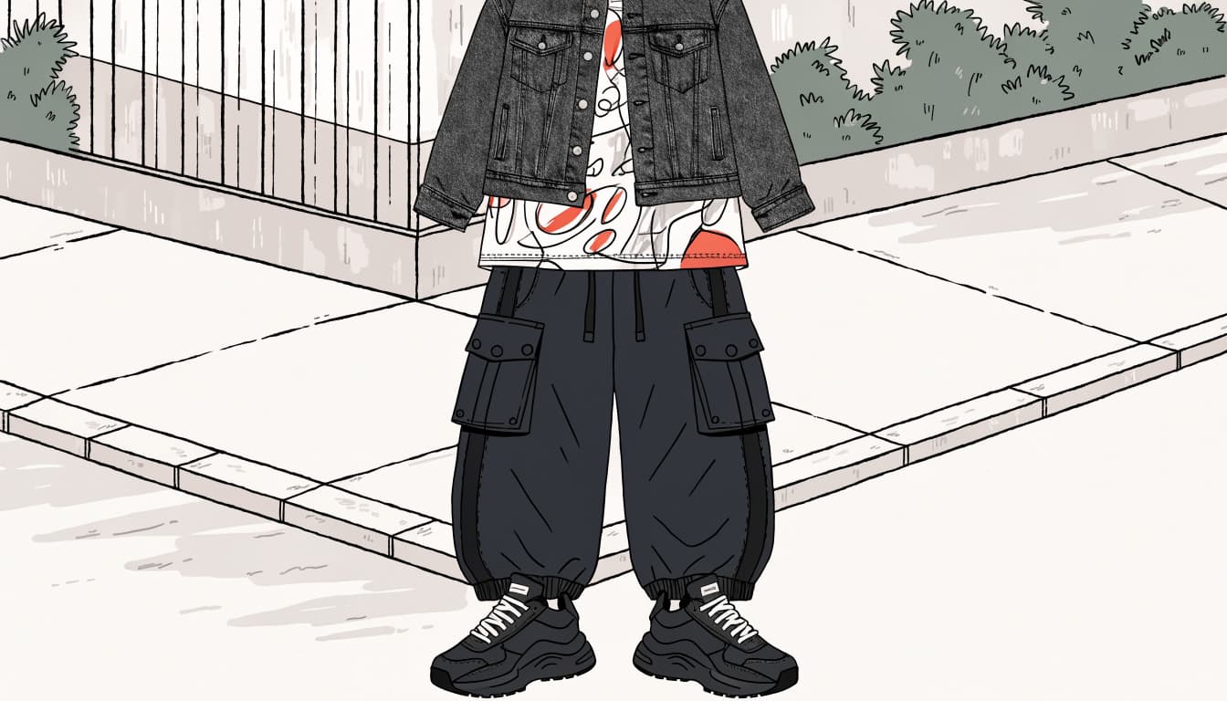 A graphic tee, cargo pants, denim jacket, and sneakers arranged on an urban sidewalk.