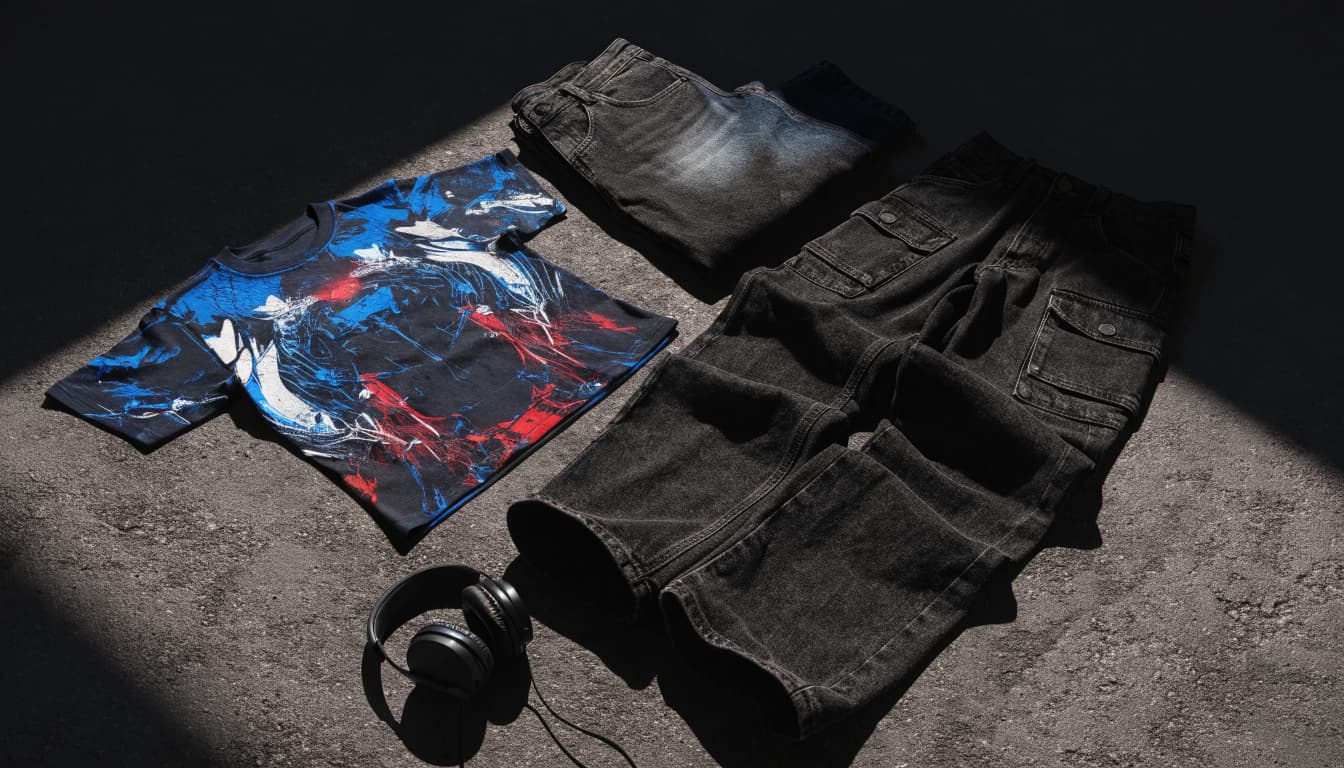 A graphic tee, cargo pants, folded denim, and headphones arranged on dark concrete.