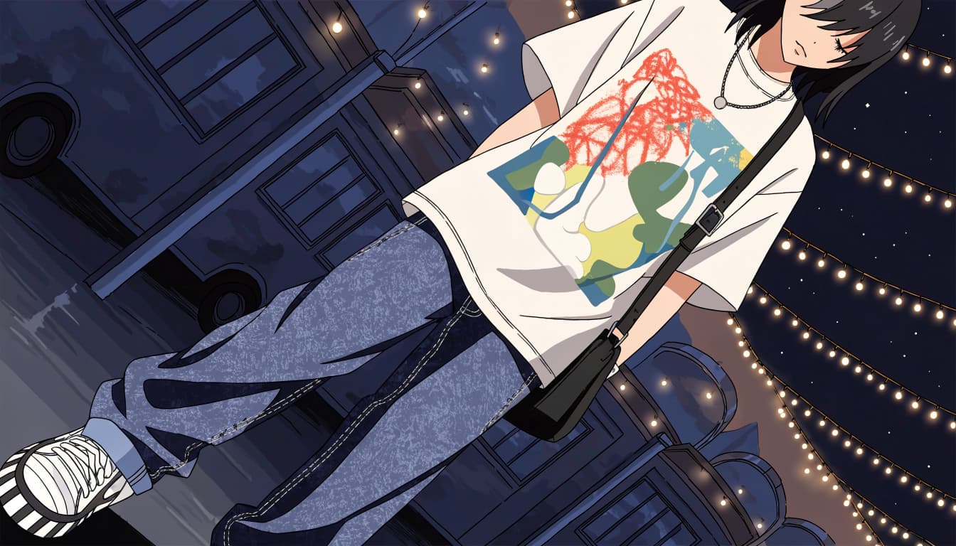 A young adult in a graphic tee and jeans stands beneath courtyard string lights.