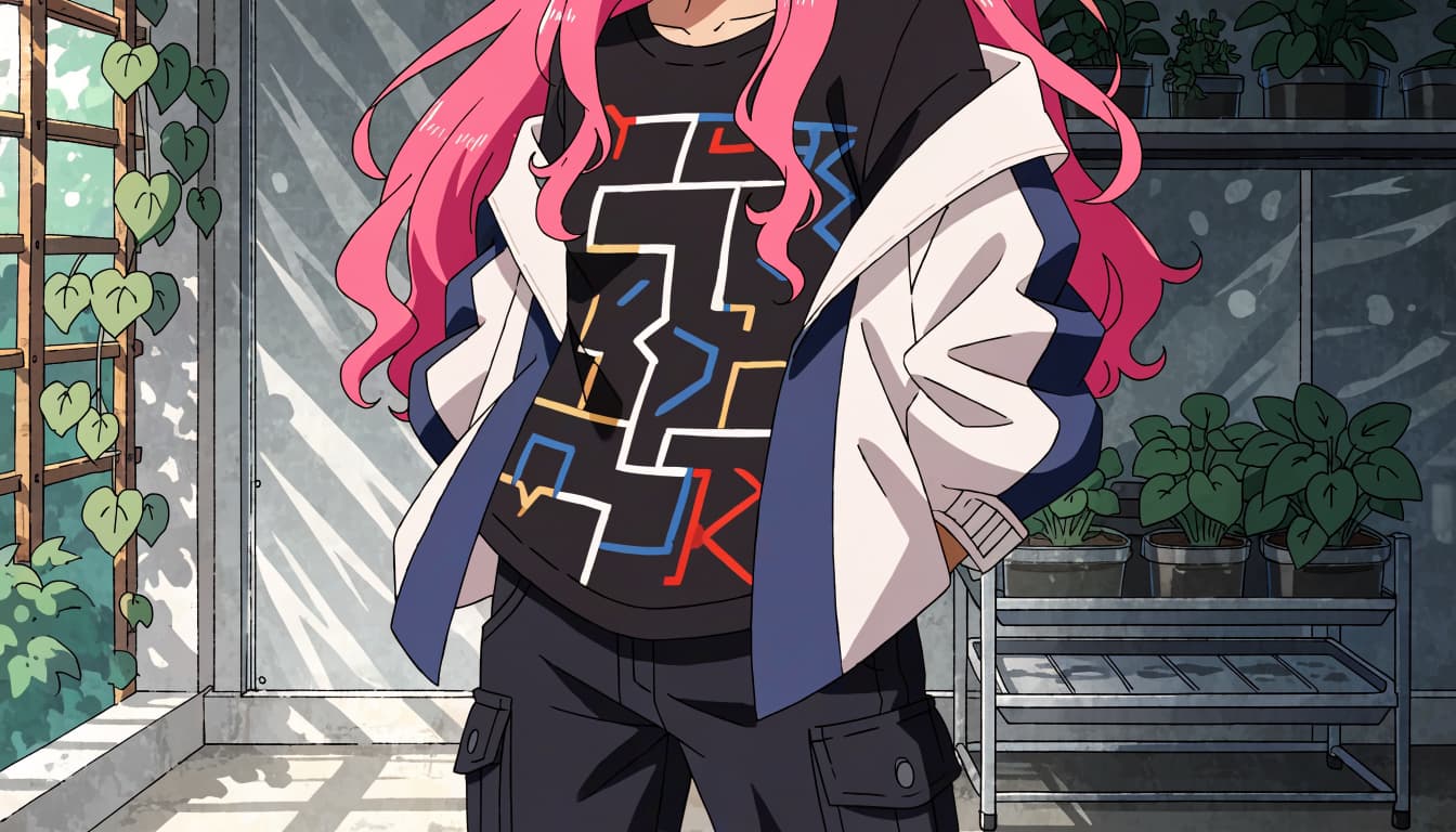 A pink-haired woman in layered streetwear stands beside plants and a small hydroponic rack.