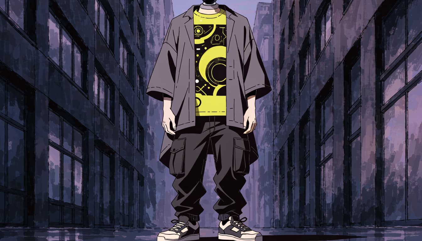 A mannequin wears a colorful graphic tee, dark overshirt, cargo trousers, and trainers in a city alley.