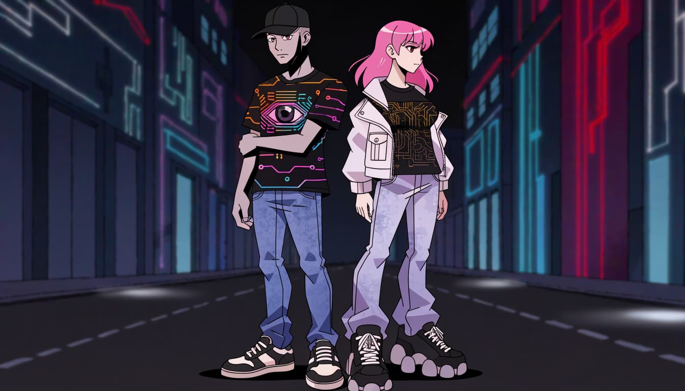 An anime-style illustration of a man and a woman in streetwear standing on a neon-lit city street at night.