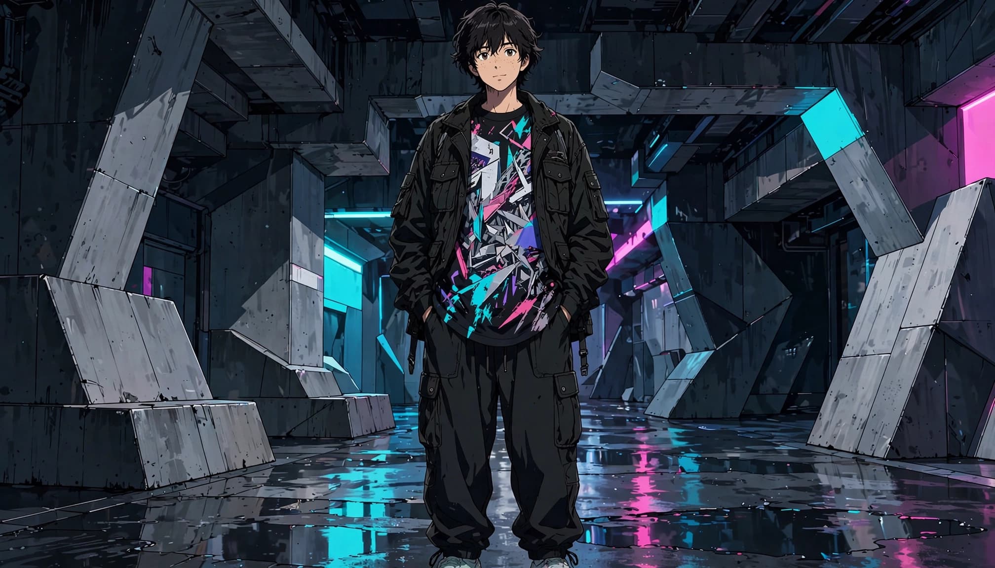 A young adult in layered streetwear stands in a concrete walkway with neon reflections.