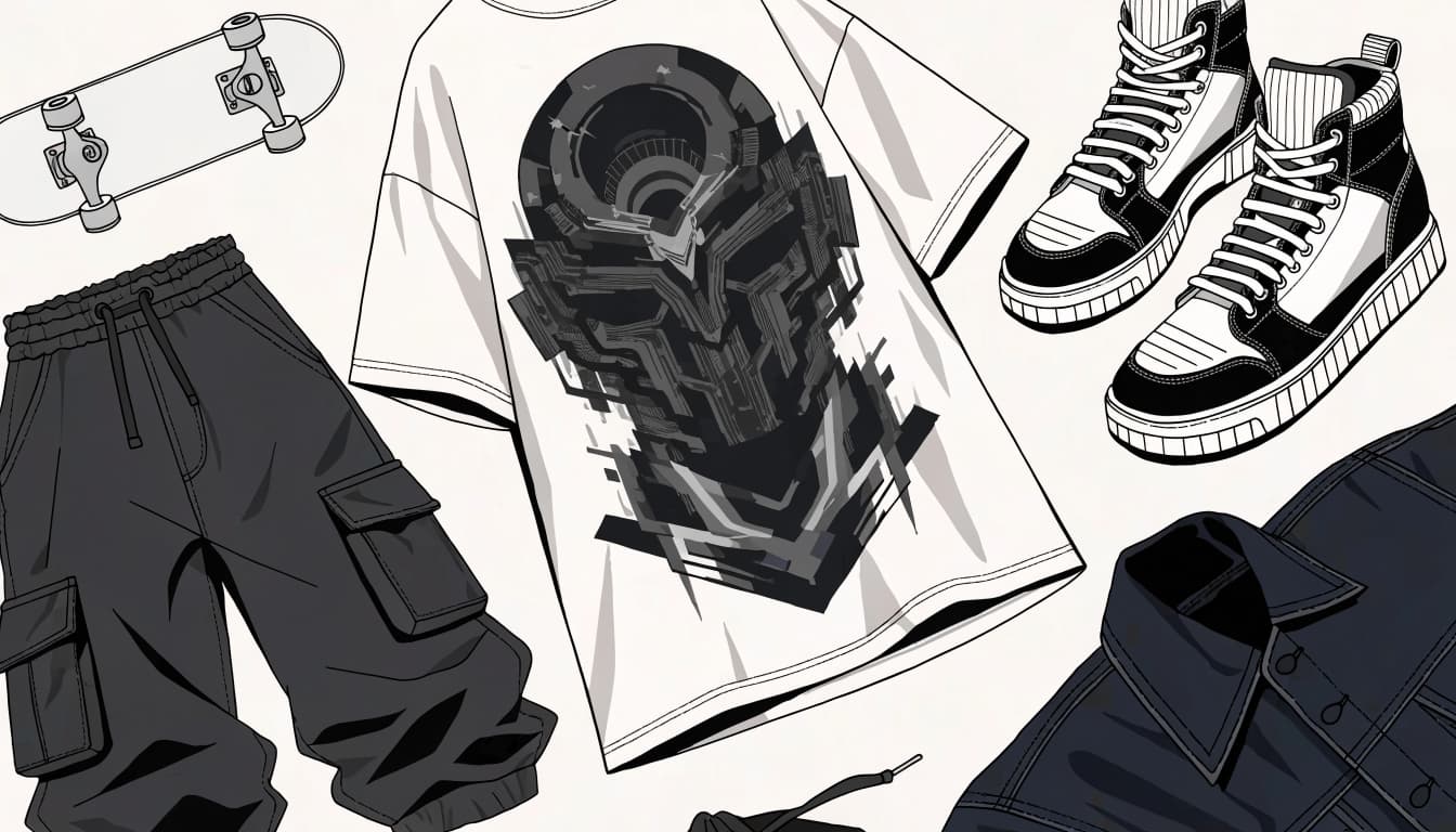 A graphic tee, cargo pants, and high-top sneakers arranged with a skateboard and folded jacket.