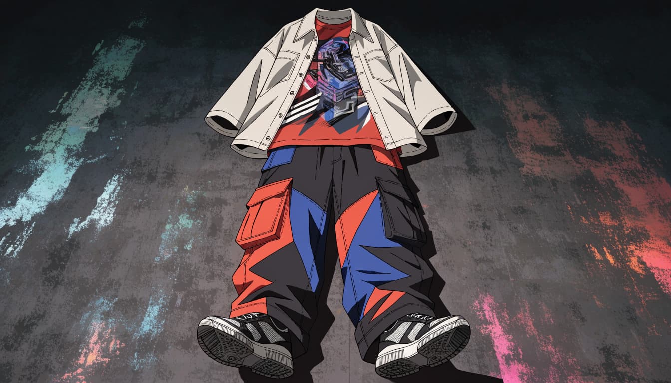 A graphic tee, open overshirt, cargo pants, and sneakers arranged on a dark floor.