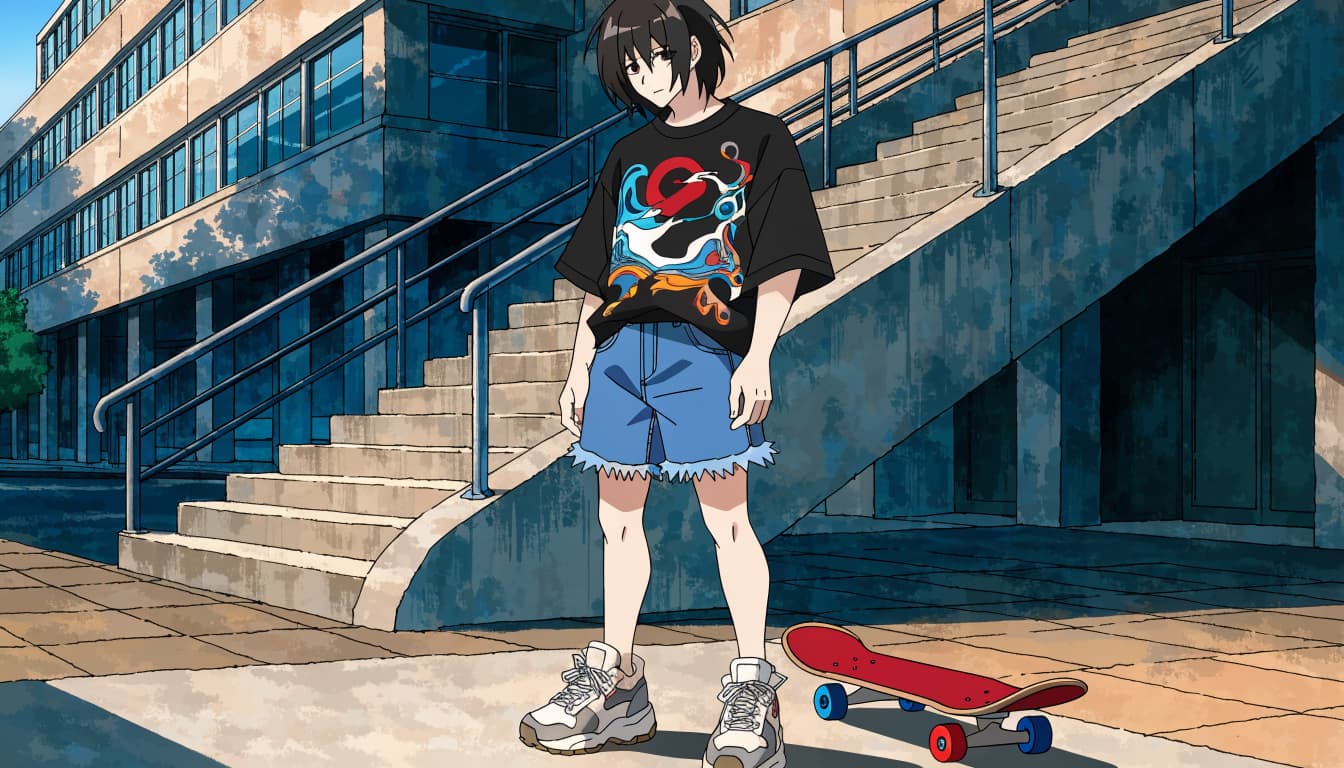 A young adult in a black tee and denim shorts stands by a skateboard.