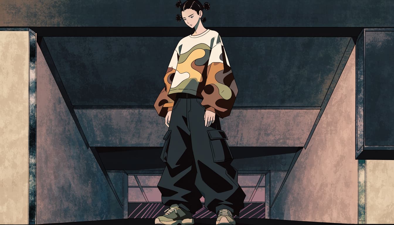 A young adult in a graphic tee and loose cargo pants stands beneath a city underpass.