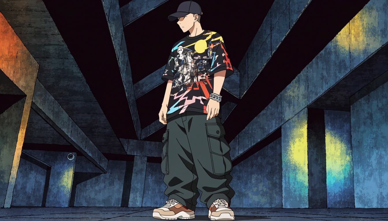 A person in a cap, graphic tee, cargo pants, and sneakers beneath an urban underpass.