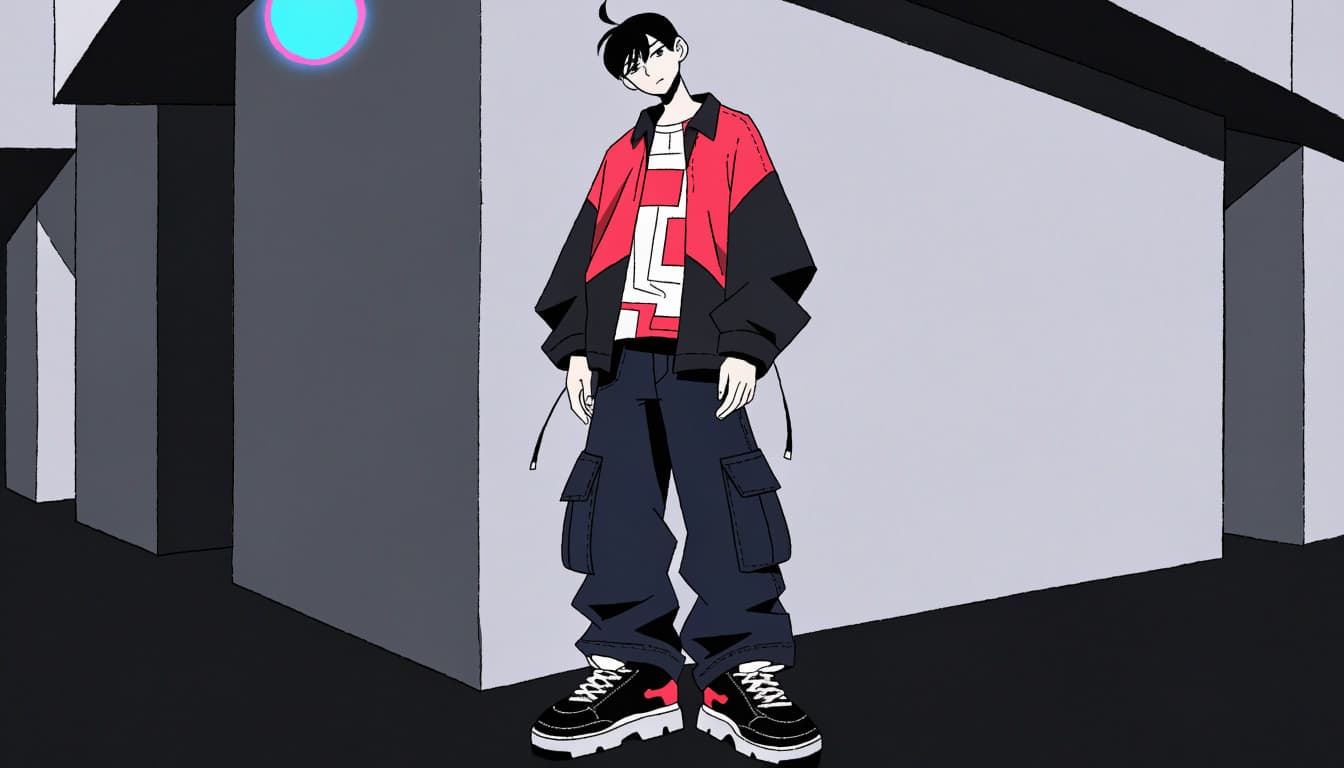 A character in an overshirt, graphic tee, cargo pants, and dark sneakers stands on a city corner.