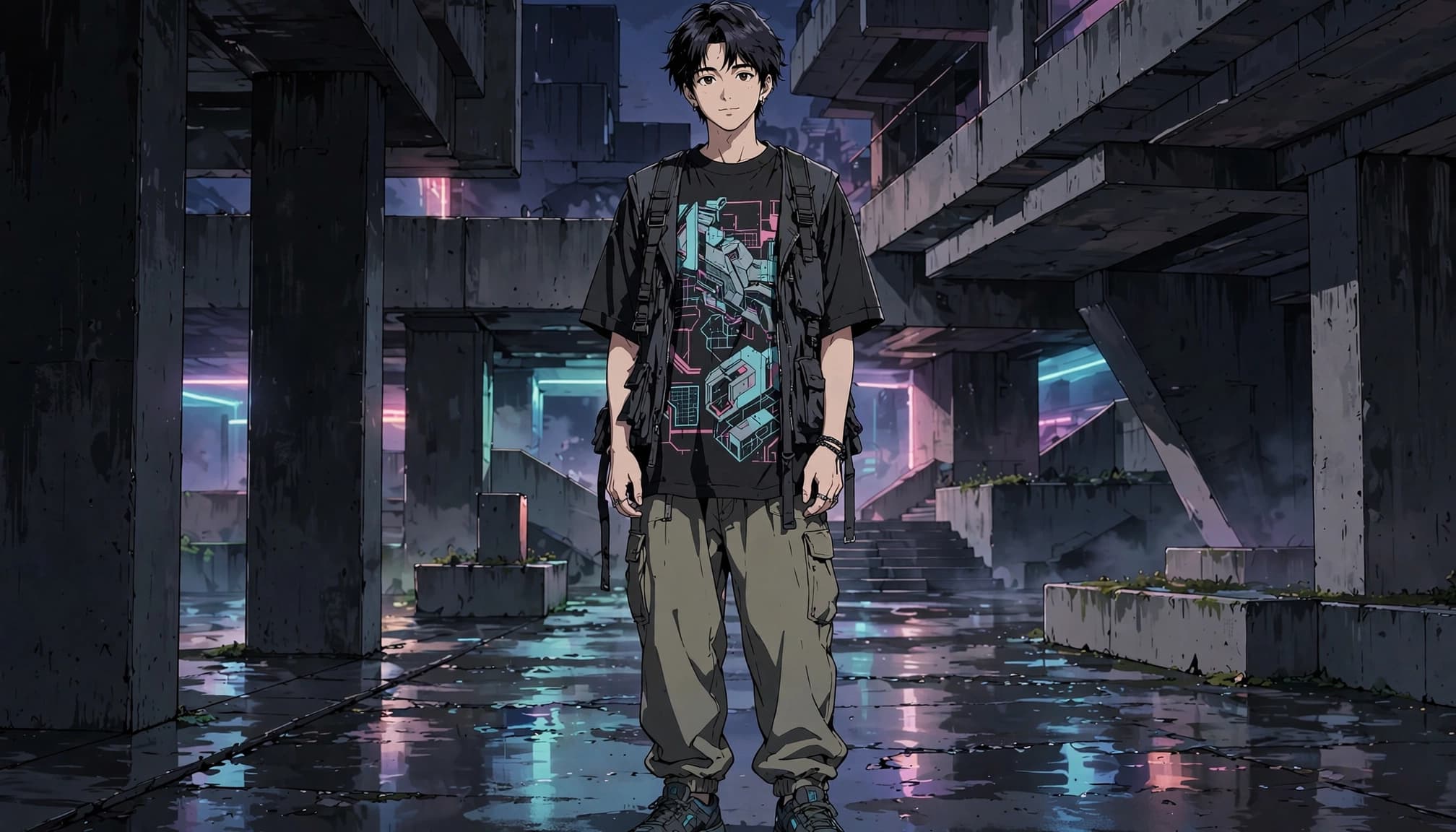 A young adult in a graphic tee and cargo pants stands on a dim urban walkway.
