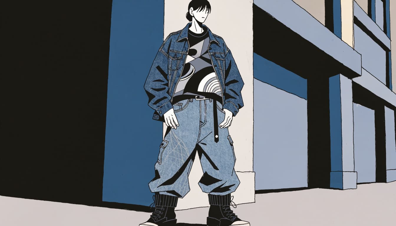 A young adult in a denim jacket and cargo pants stands on a city sidewalk.