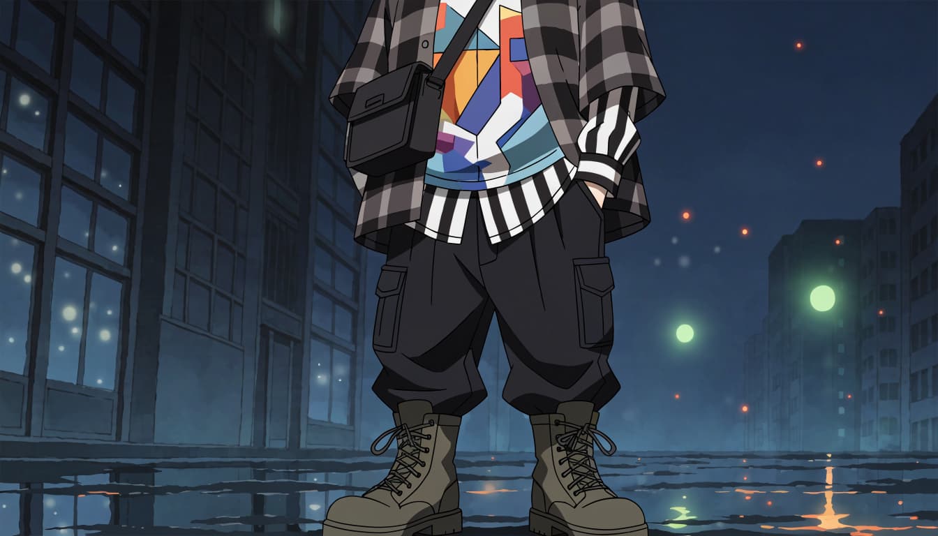 A mannequin displays layered streetwear with cargo pants and boots in a wet alley.