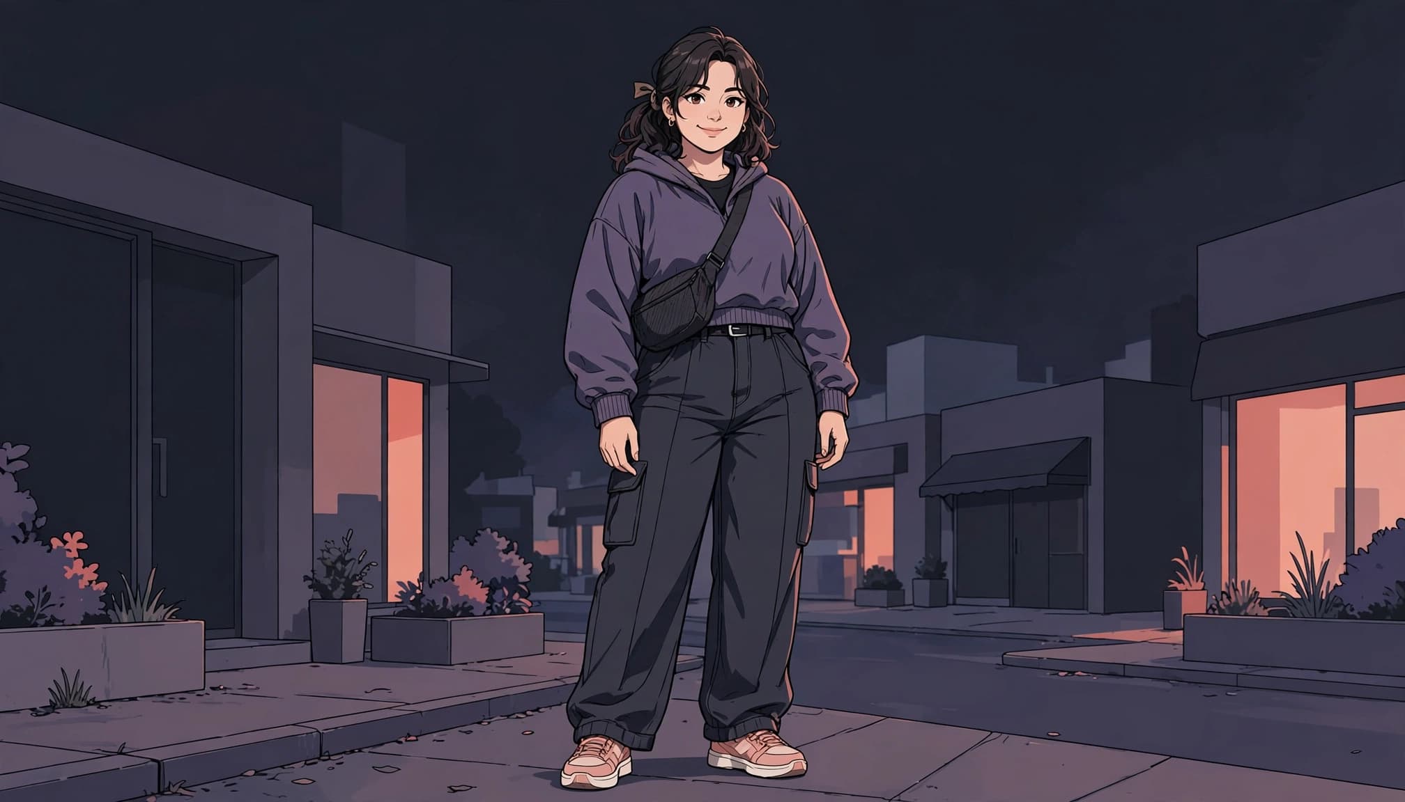 A confident young woman in streetwear stands on a quiet city sidewalk at dusk.