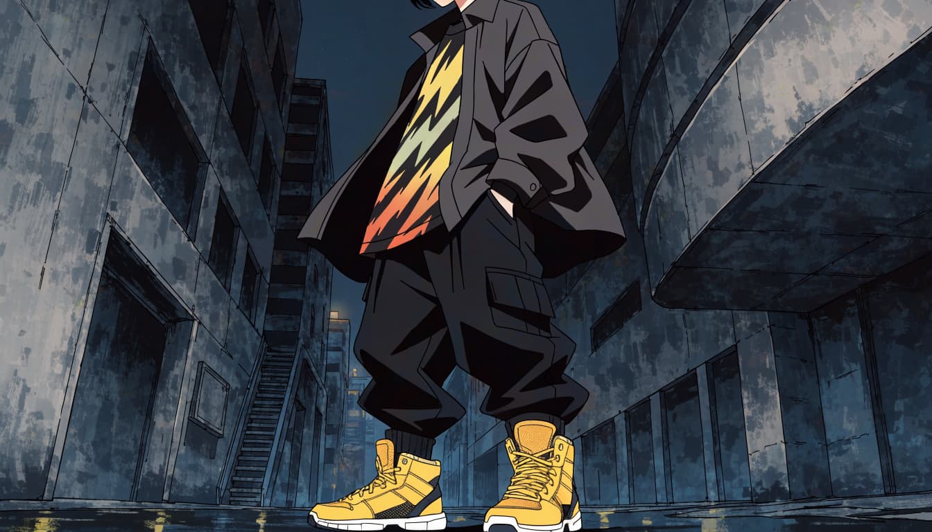 A person in dark streetwear wears bright yellow high-top sneakers in a wet city alley.