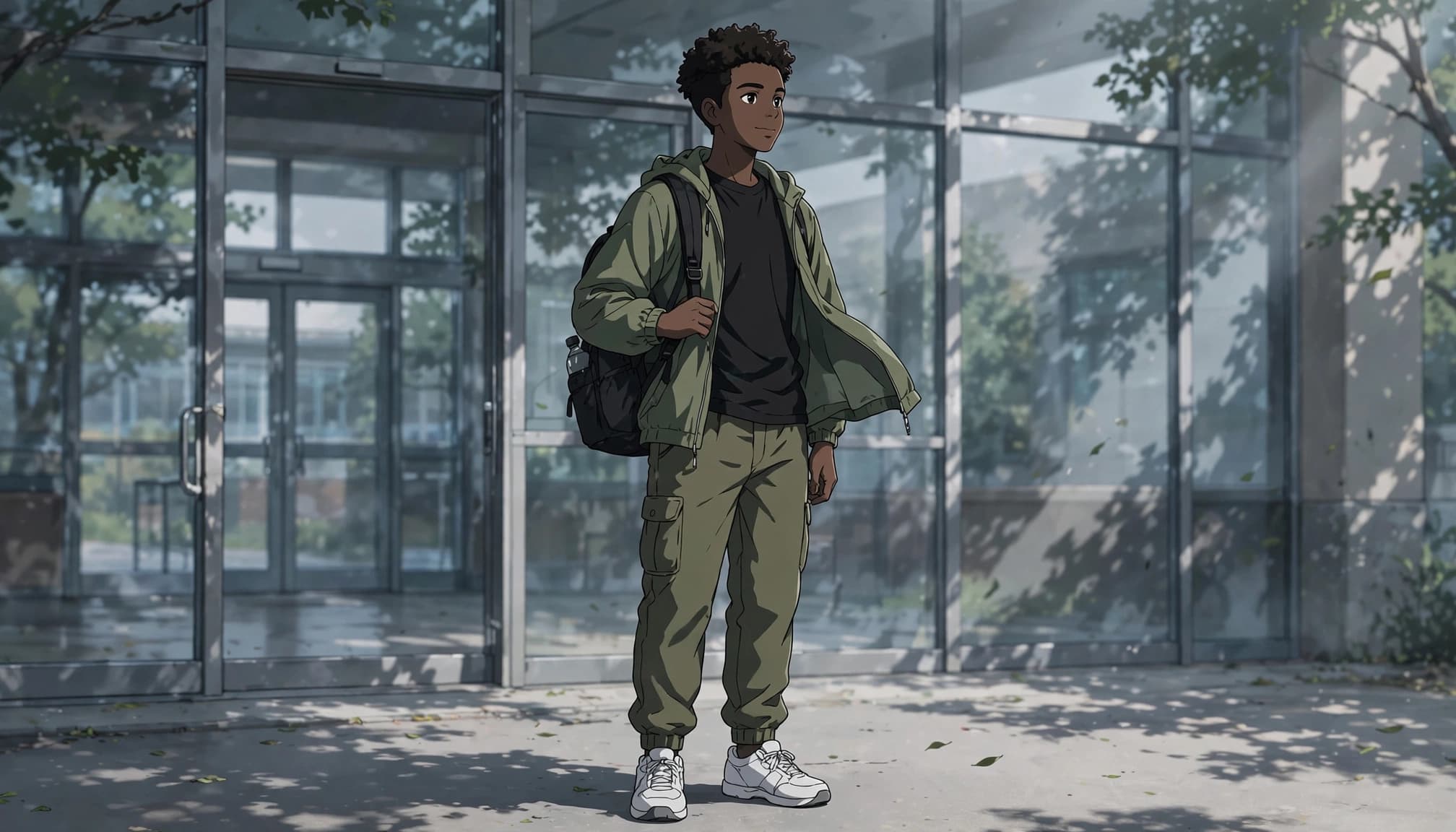 A student wearing casual layers and a backpack stands outside a school entrance.