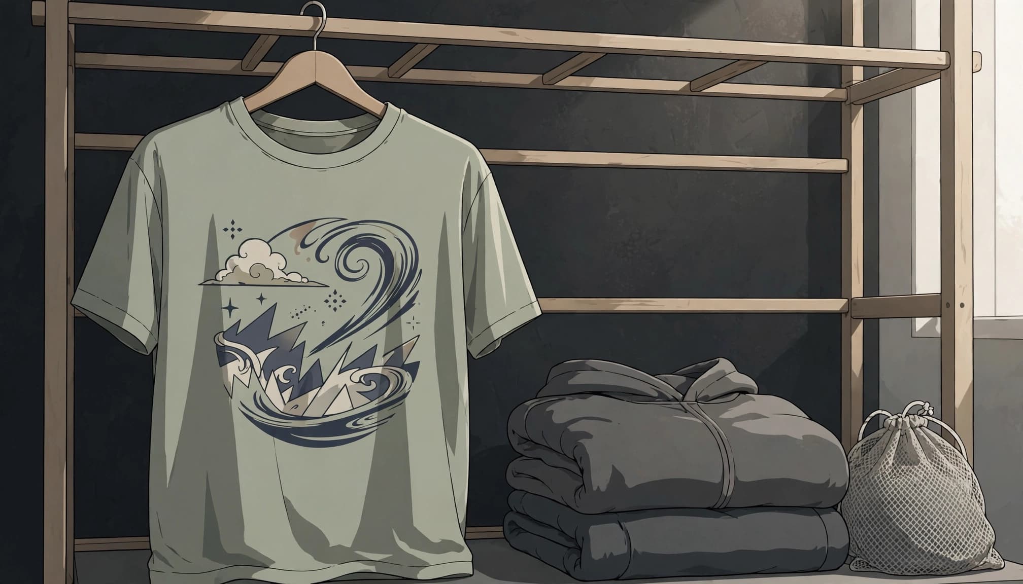 A graphic tee hangs beside a folded hoodie and mesh laundry bag.