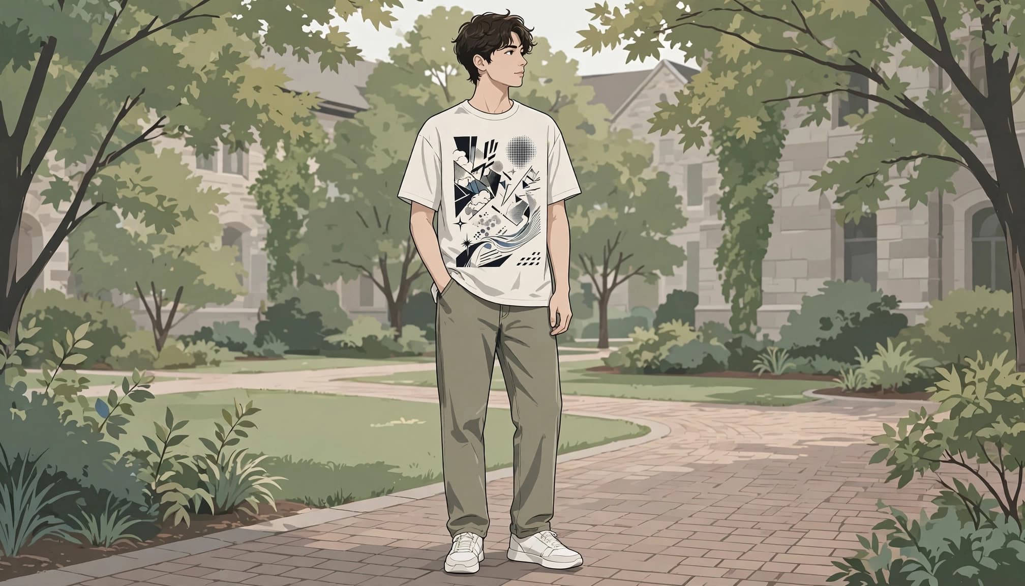 A student in a graphic tee, jeans, and sneakers stands on a leafy campus path.