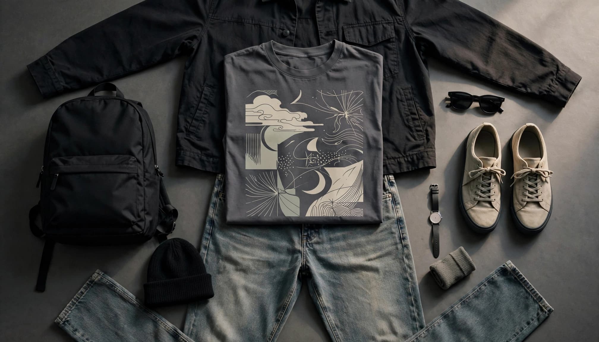 A graphic tee, dark jacket, faded jeans, sneakers, backpack, and accessories arranged on a charcoal floor.