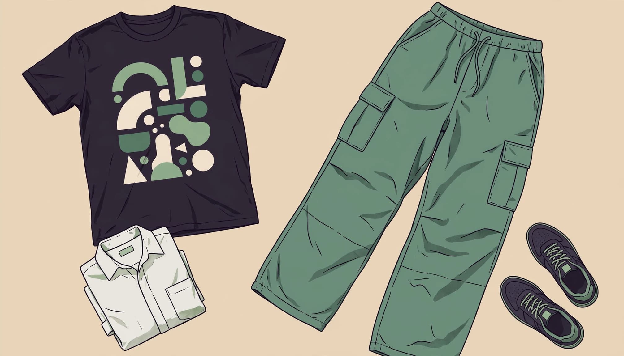 A graphic T-shirt, cargo pants, folded overshirt, and sneakers arranged on the floor.