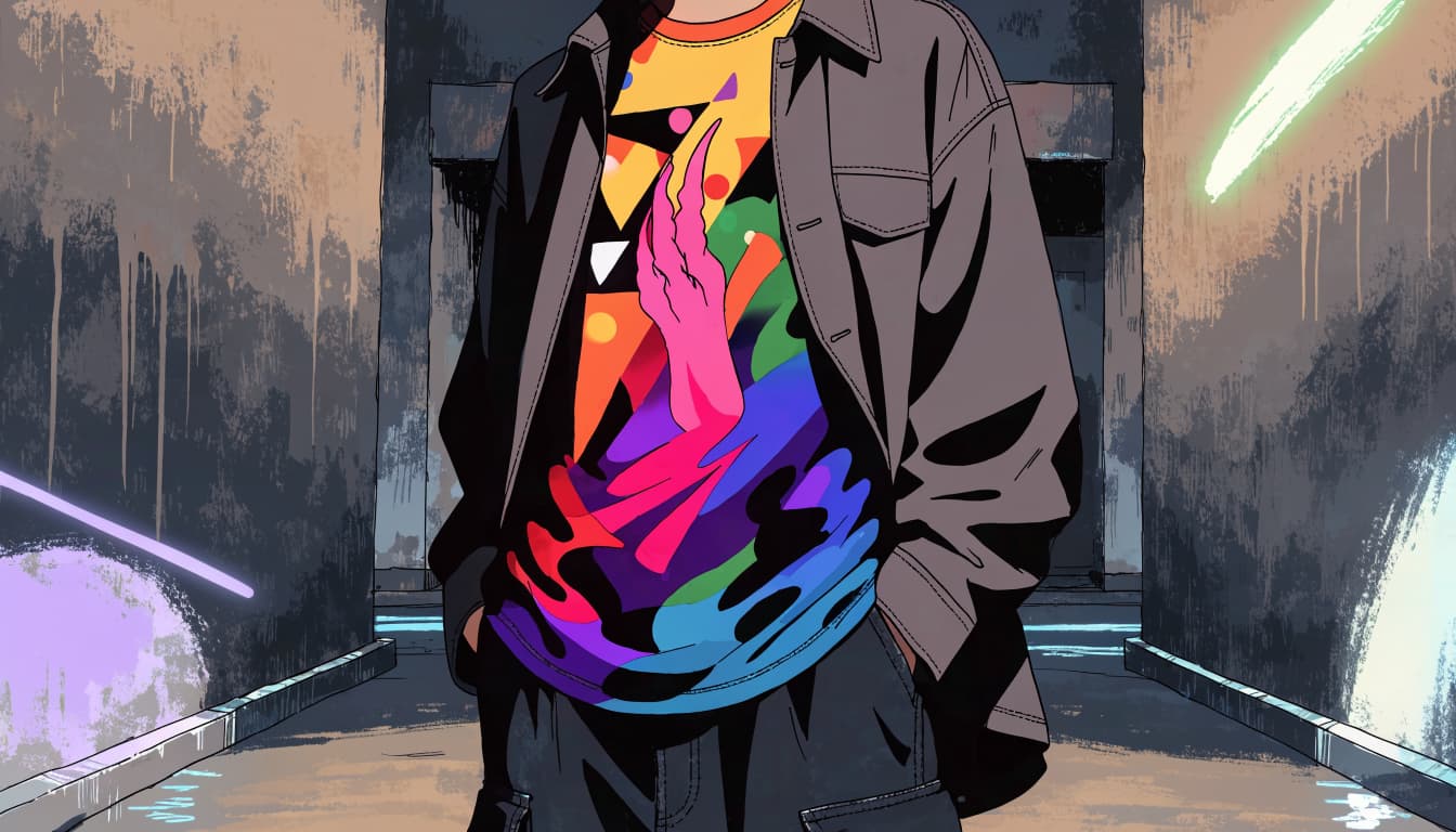 A mannequin wears a colorful graphic tee, charcoal overshirt, and dark cargo pants in an alley.
