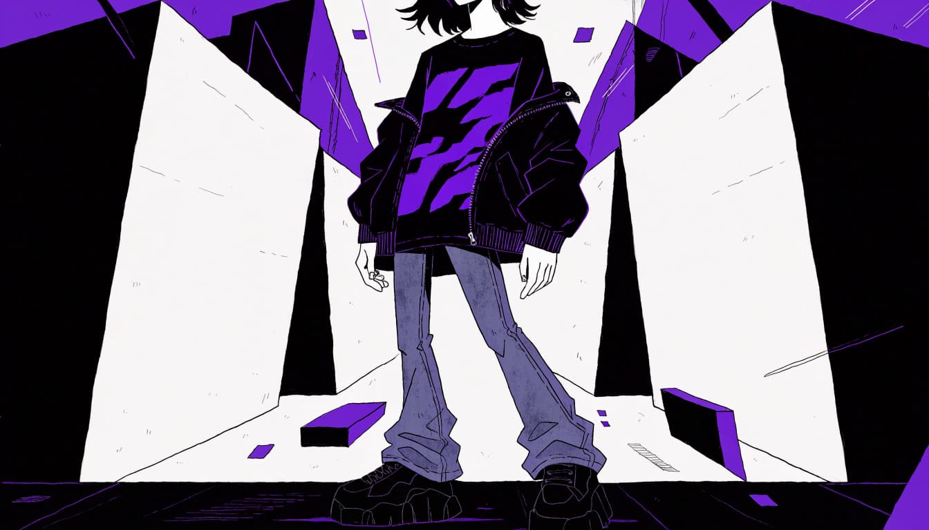 A person wears an abstract graphic tee, open bomber jacket, flared jeans, and platform sneakers in an urban alley.