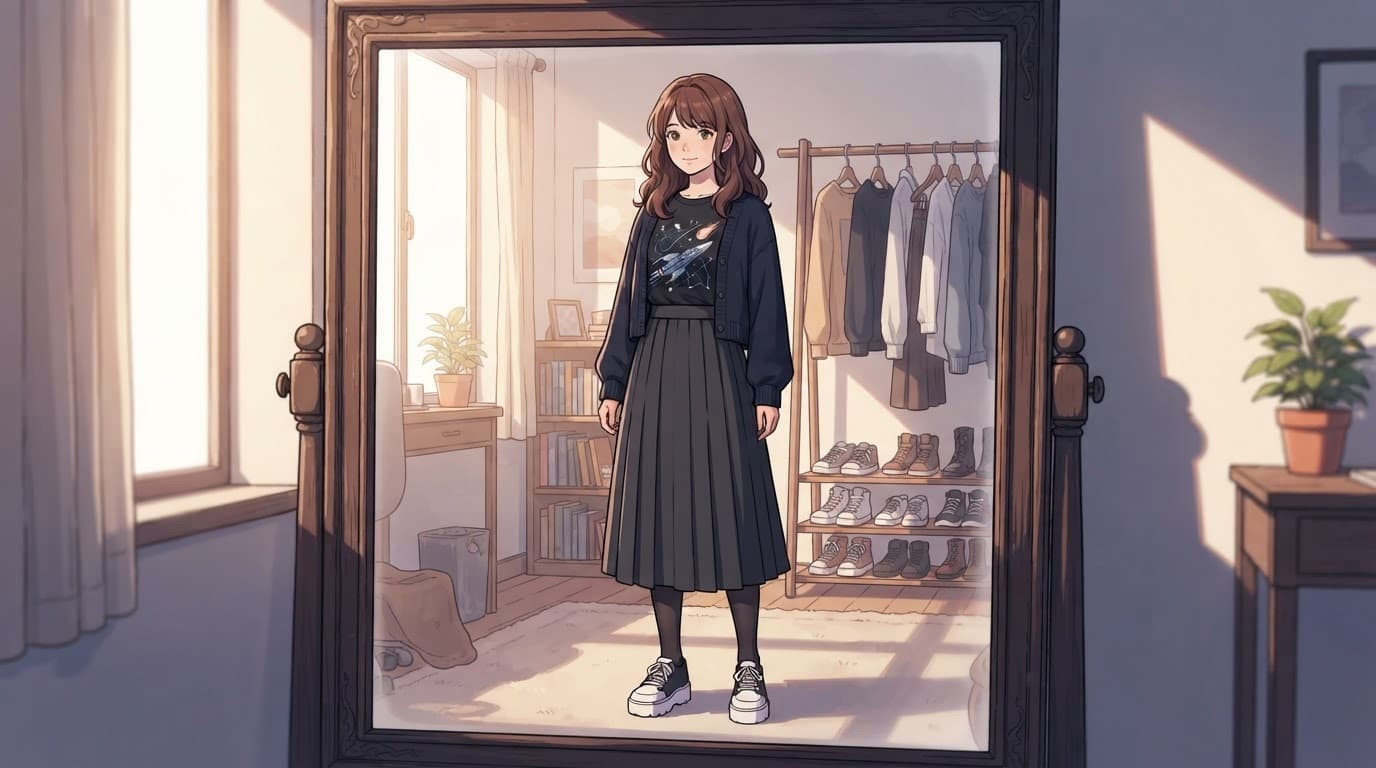 A young adult models a graphic tee, cardigan, pleated skirt, tights, and platform sneakers.
