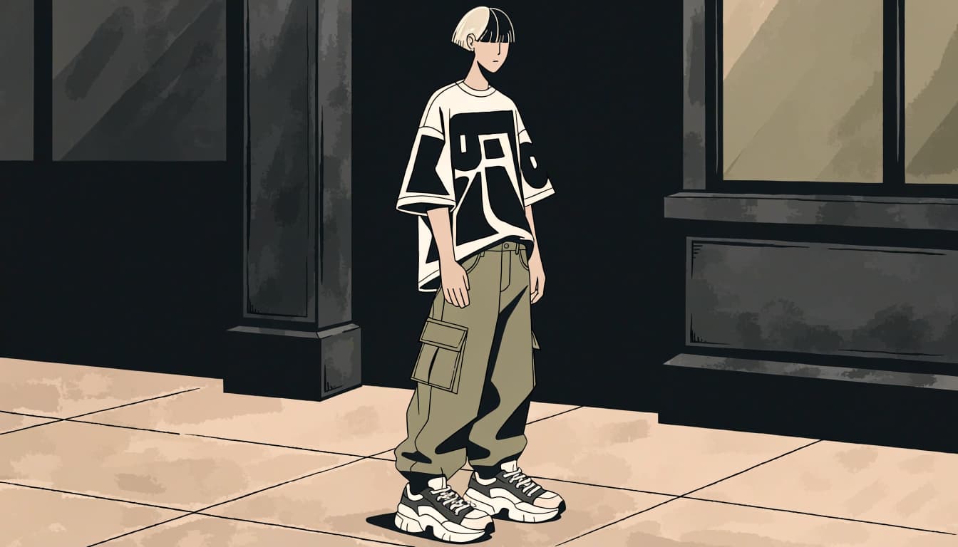 A young adult in an oversized tee and olive cargo pants stands on an urban sidewalk.