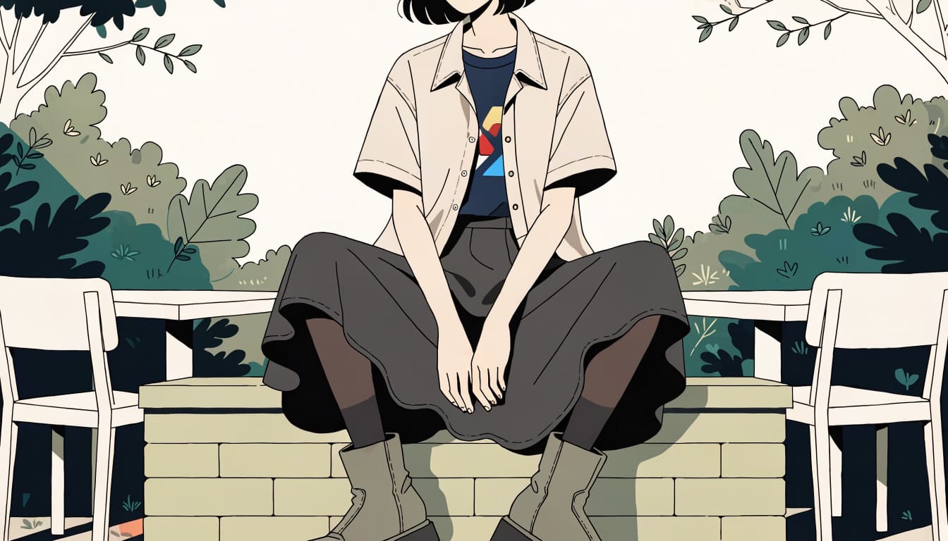 A young adult in layered clothes sits on a low wall at a leafy cafe patio.