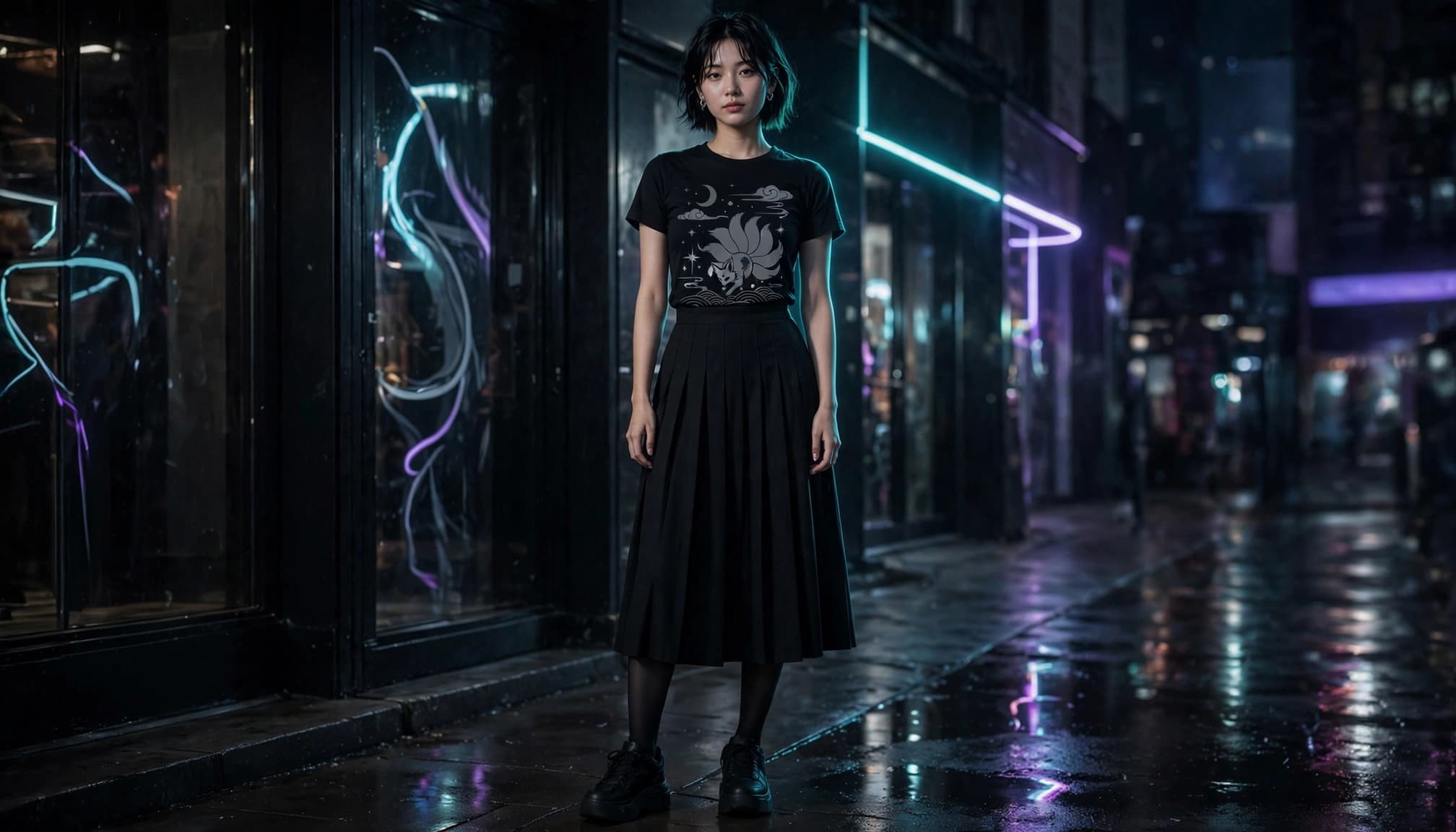 Person wearing a graphic tee, pleated skirt, tights, and platform sneakers at night.