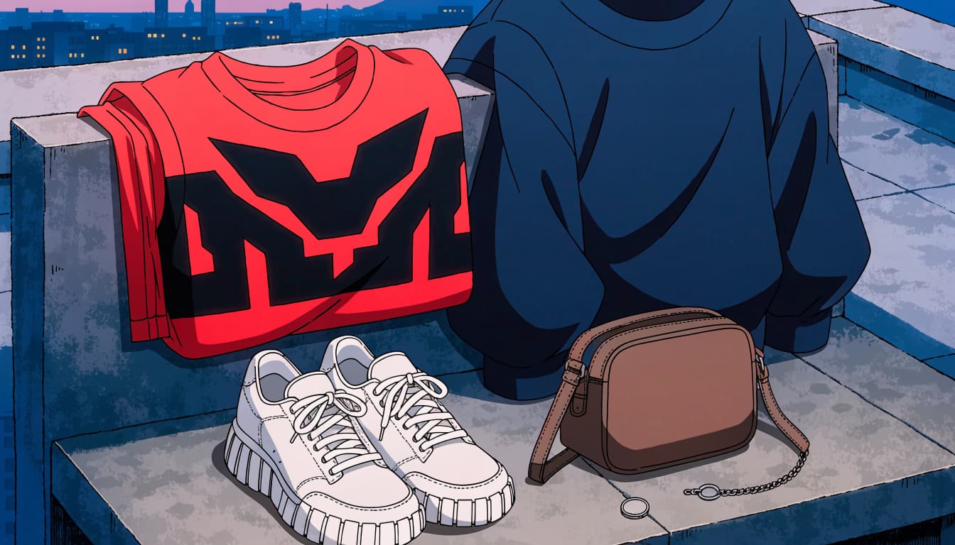 A graphic tee and simple accessories arranged on a rooftop bench at dusk.