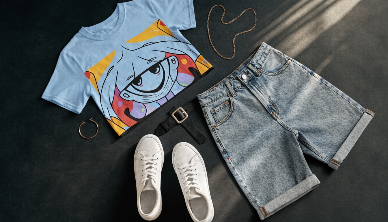 An illustrated tee, denim shorts, belt, sneakers, and accessories arranged on a dark floor.