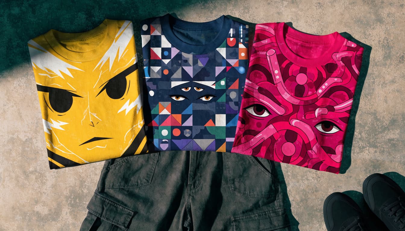 Three graphic tees sit beside cargo pants and black trainers.