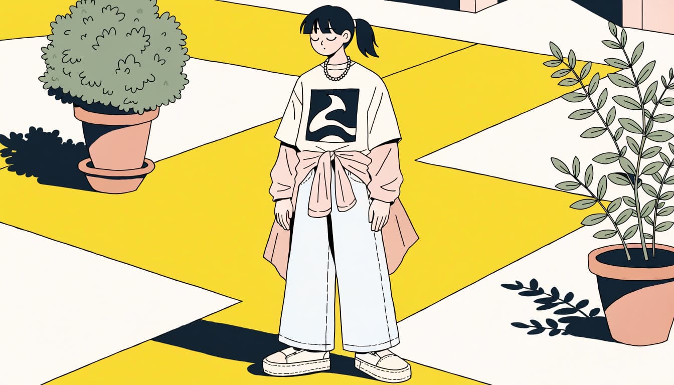 A young adult in a graphic tee and loose pale jeans stands in a sunny plaza.