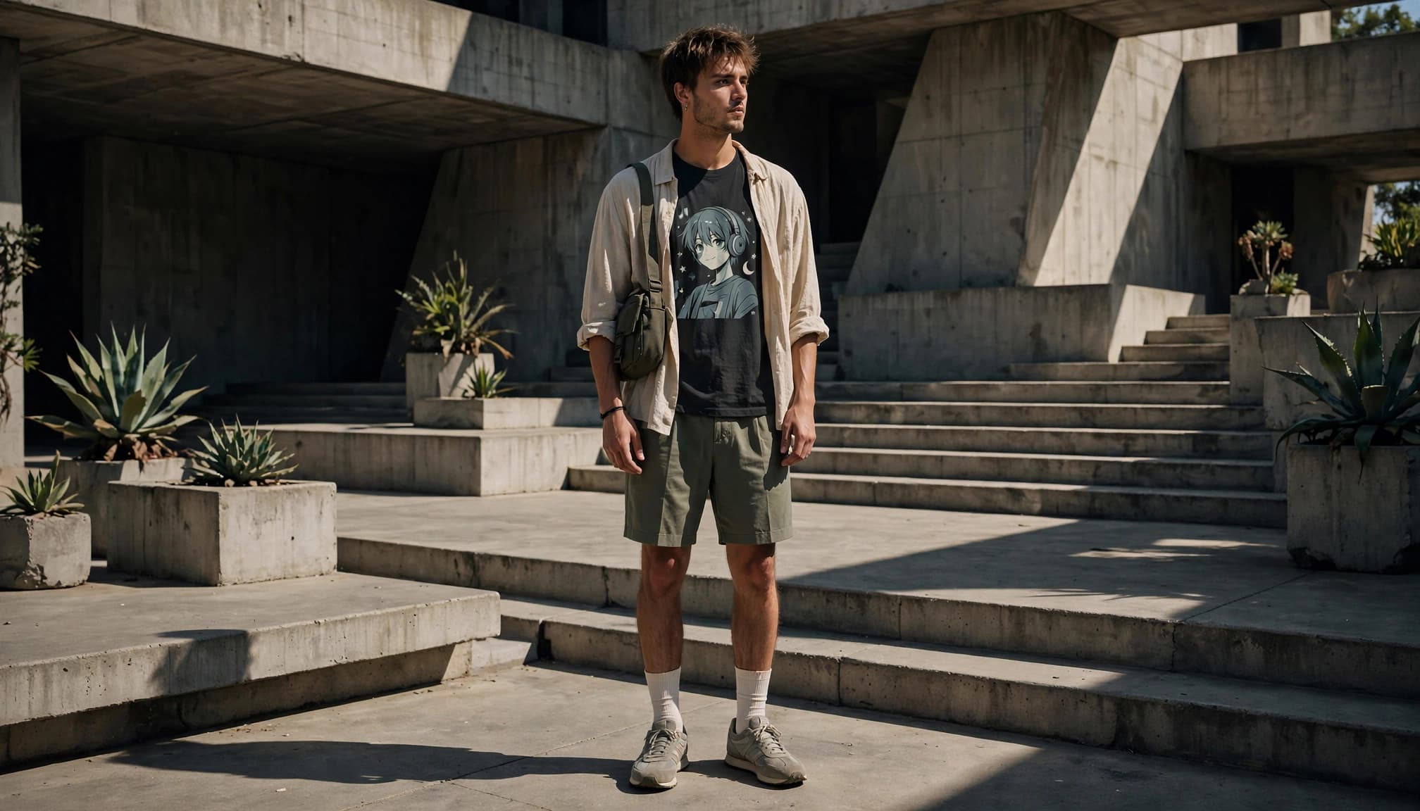 Person wearing an anime tee, shorts, overshirt, sneakers, and shoulder bag in a sunny plaza.