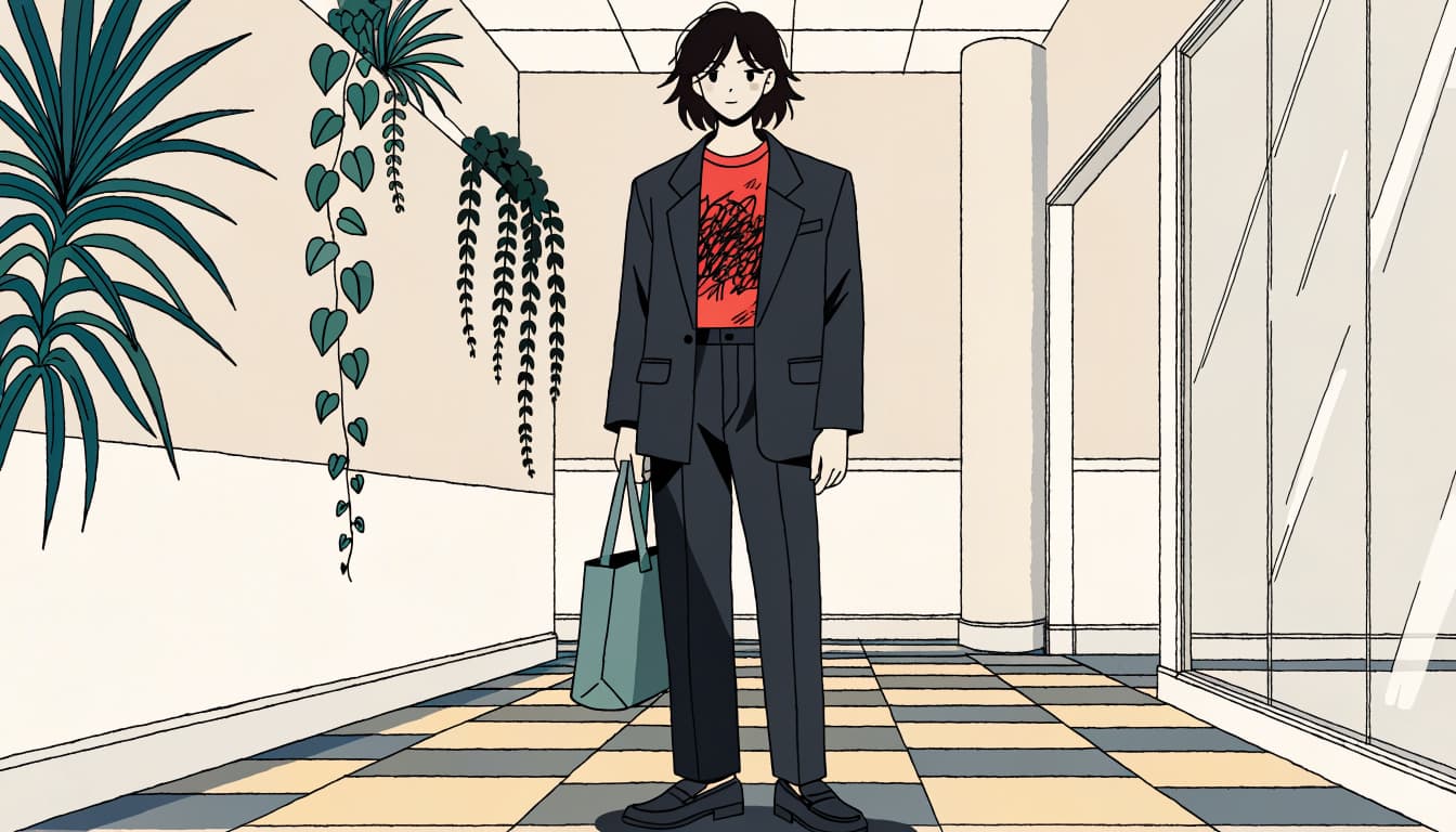 A young adult pairs an abstract graphic tee with a blazer and dark trousers in a bright office hallway.
