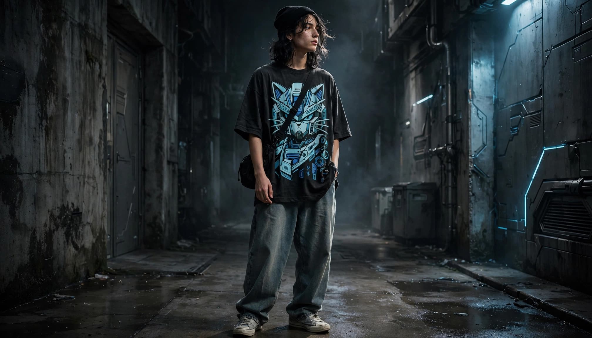Person in an oversized graphic tee and baggy jeans standing in a dark concrete alley.