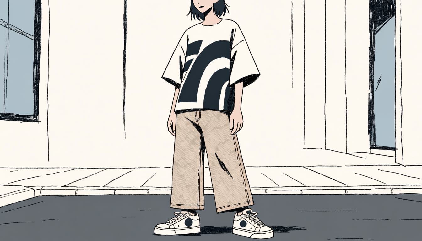A young adult in an anime tee, wide-leg jeans, and low-top sneakers stands on a sidewalk.