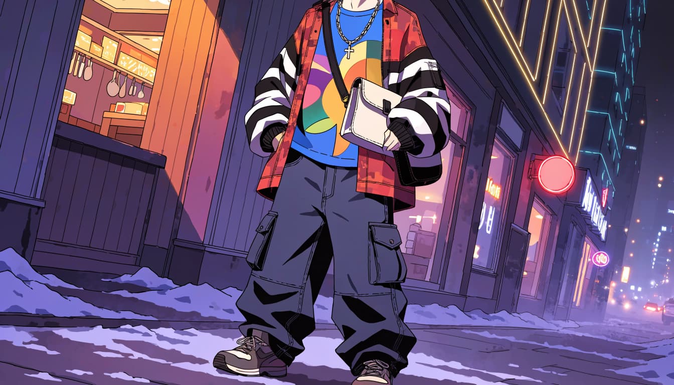 A person in layered streetwear stands on a snowy sidewalk beside a glowing ramen shop.