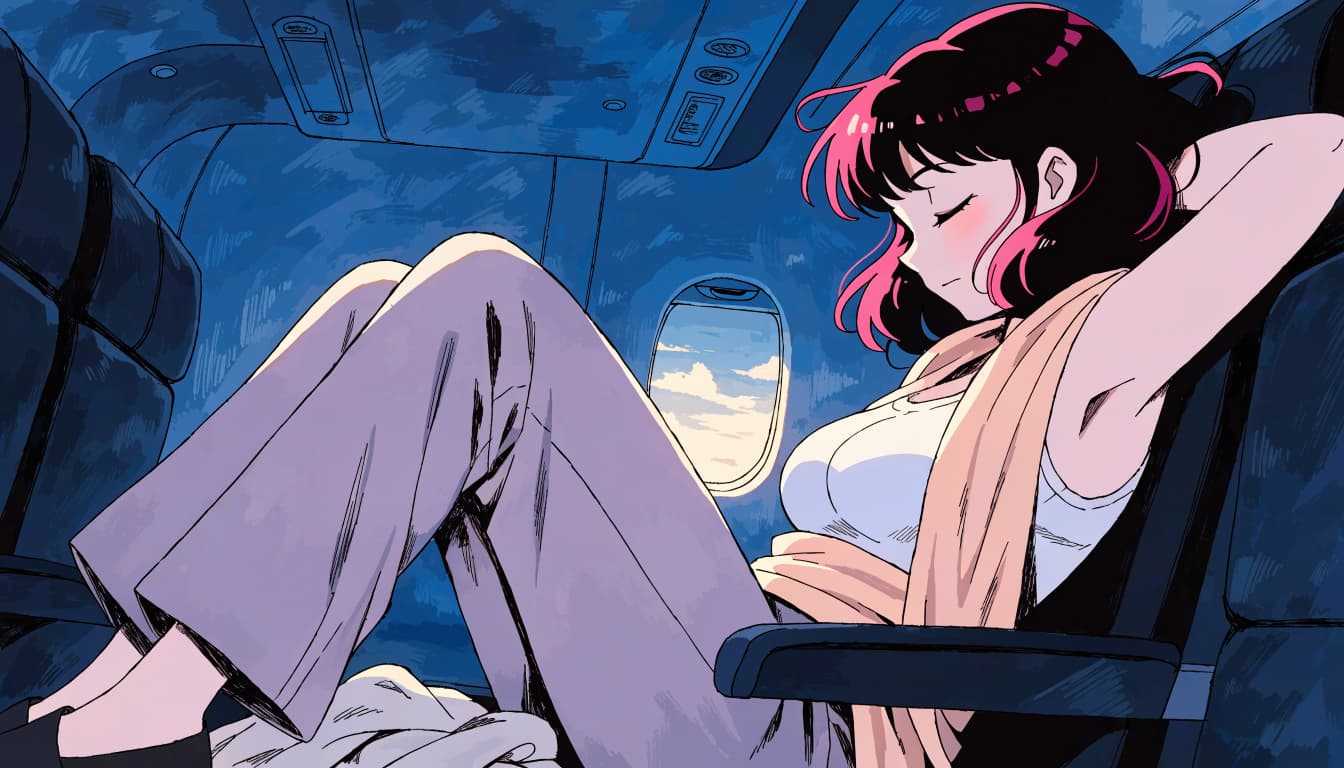 A woman with pink hair rests by an airplane window with a scarf and jacket nearby.